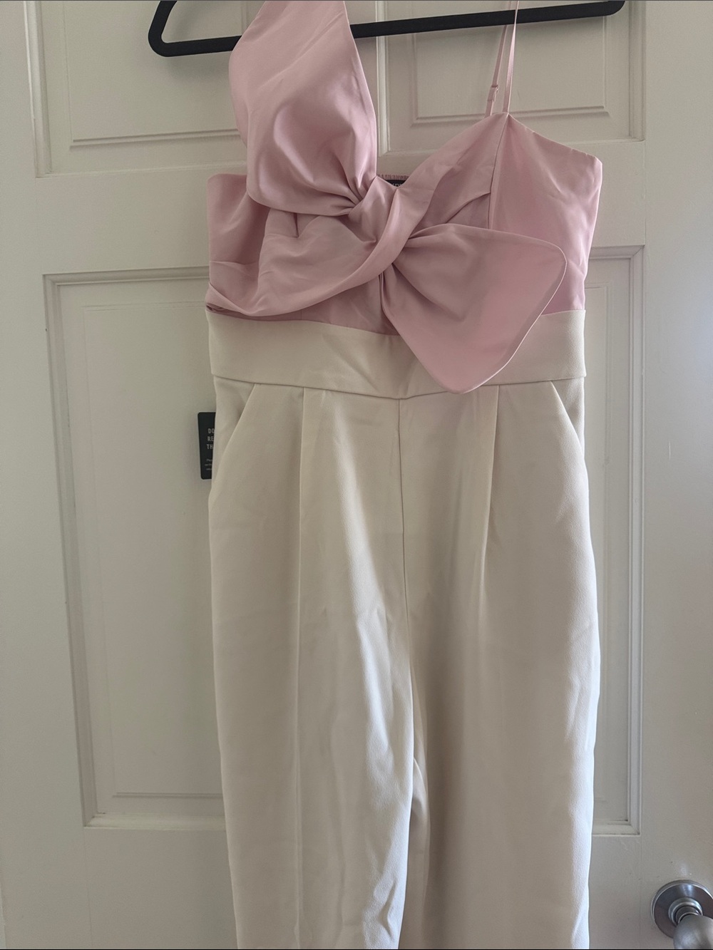 Express Pink Bow Ivory Jumpsuit. Cropped